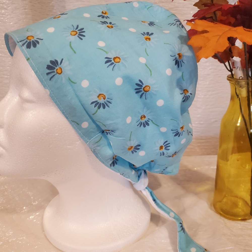 New Floral Blue Scrub/Medical Cap Cotton Adult Sz